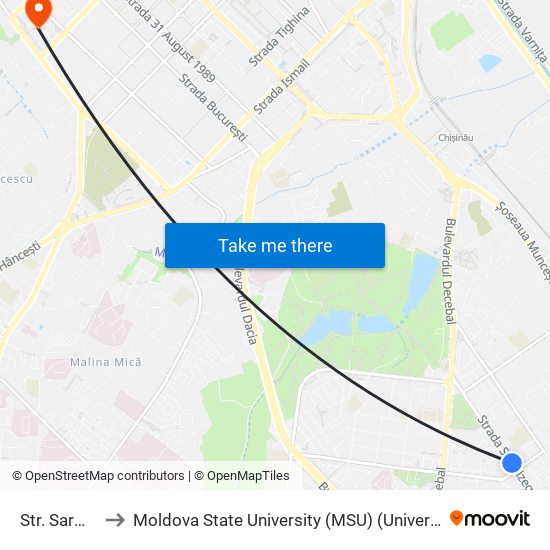 Str. Sarmizegetusa to Moldova State University (MSU) (Universitatea de Stat din Moldova (USM)) map