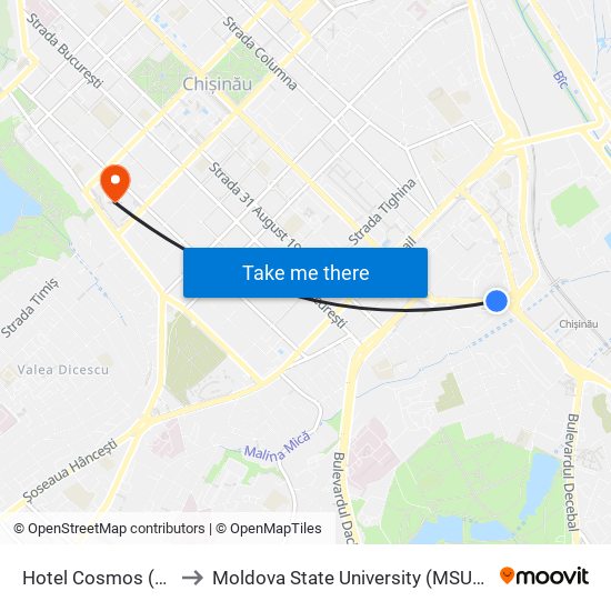 Hotel Cosmos (Bd. Constantin Negruzzi) to Moldova State University (MSU) (Universitatea de Stat din Moldova (USM)) map