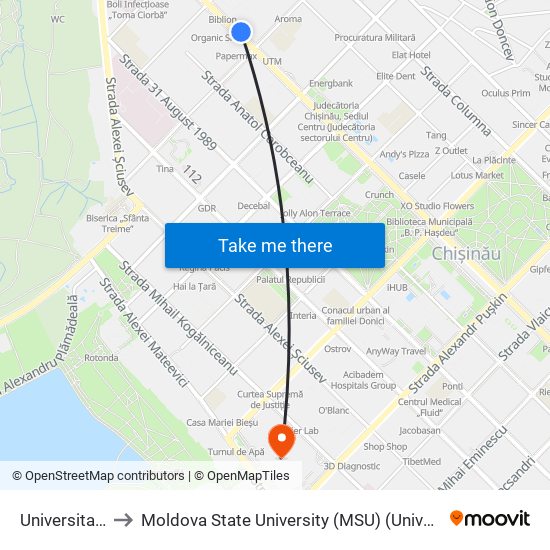 Universitatea Tehnică to Moldova State University (MSU) (Universitatea de Stat din Moldova (USM)) map