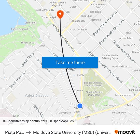 Piața Pan Halippa to Moldova State University (MSU) (Universitatea de Stat din Moldova (USM)) map