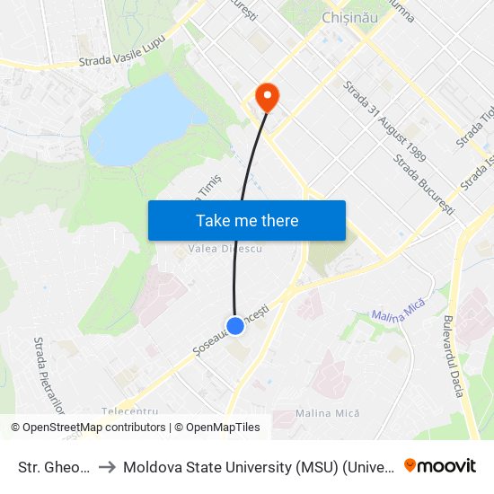 Str. Gheorghe Tudor to Moldova State University (MSU) (Universitatea de Stat din Moldova (USM)) map