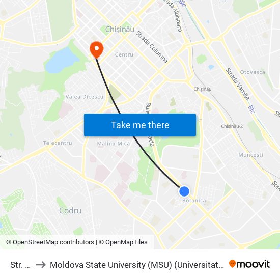 Str. Teilor to Moldova State University (MSU) (Universitatea de Stat din Moldova (USM)) map