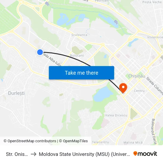 Str. Onisifor Ghibu to Moldova State University (MSU) (Universitatea de Stat din Moldova (USM)) map