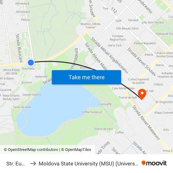 Str. Eugen Coca to Moldova State University (MSU) (Universitatea de Stat din Moldova (USM)) map