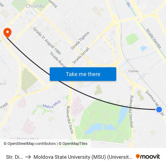 Str. Dimineții to Moldova State University (MSU) (Universitatea de Stat din Moldova (USM)) map