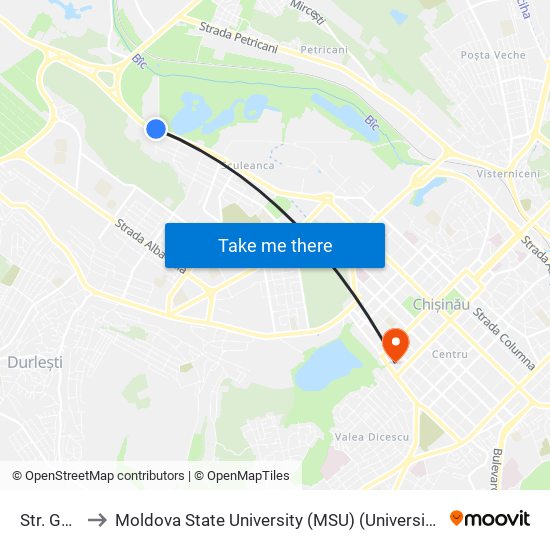 Str. Ghidighici to Moldova State University (MSU) (Universitatea de Stat din Moldova (USM)) map