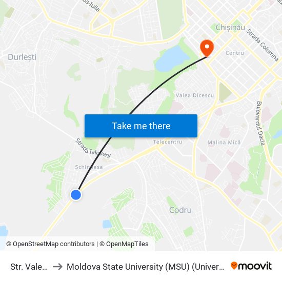 Str. Valea Radiului to Moldova State University (MSU) (Universitatea de Stat din Moldova (USM)) map