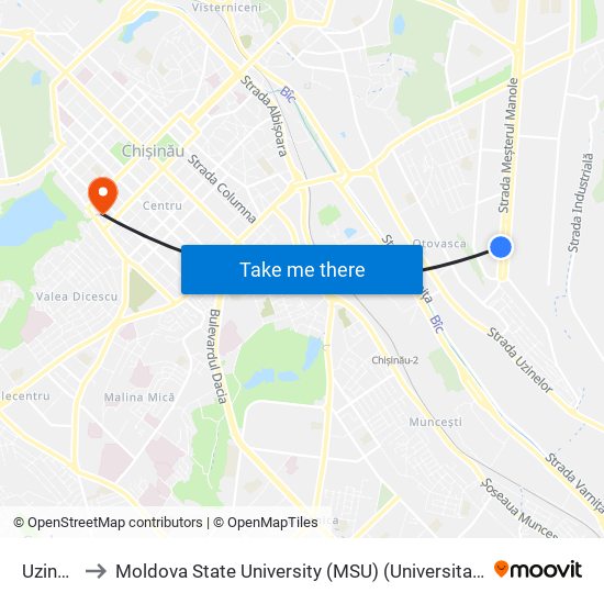 Uzina Inteh to Moldova State University (MSU) (Universitatea de Stat din Moldova (USM)) map