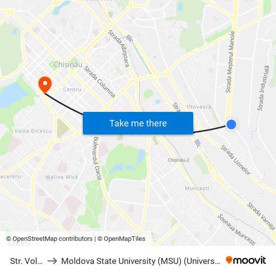 Str. Voluntarilor to Moldova State University (MSU) (Universitatea de Stat din Moldova (USM)) map