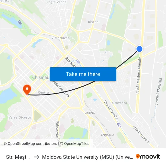 Str. Meșterul Manole to Moldova State University (MSU) (Universitatea de Stat din Moldova (USM)) map