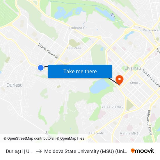 Durlești | Uzina Mecanică to Moldova State University (MSU) (Universitatea de Stat din Moldova (USM)) map