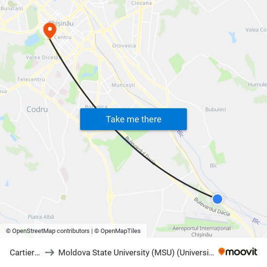 Cartierul Codru to Moldova State University (MSU) (Universitatea de Stat din Moldova (USM)) map