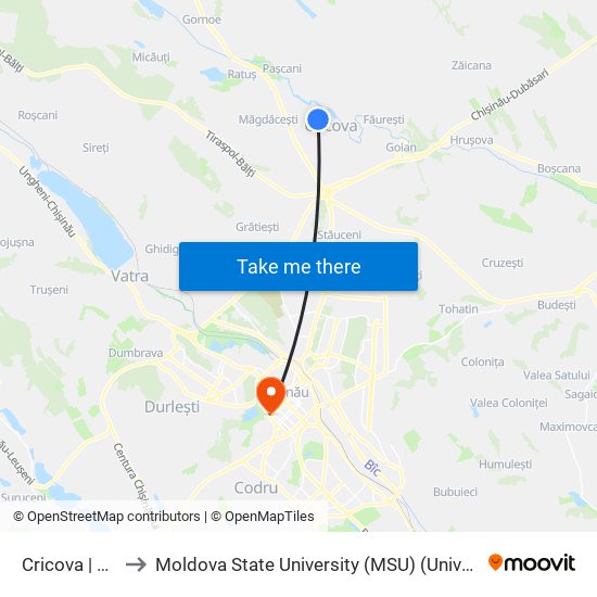 Cricova | Str. Minerilor to Moldova State University (MSU) (Universitatea de Stat din Moldova (USM)) map