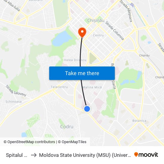 Spitalul Oncologic to Moldova State University (MSU) (Universitatea de Stat din Moldova (USM)) map