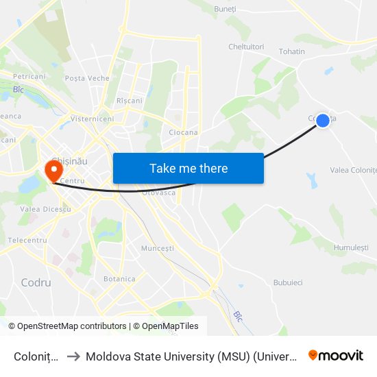 Colonița | Centru to Moldova State University (MSU) (Universitatea de Stat din Moldova (USM)) map