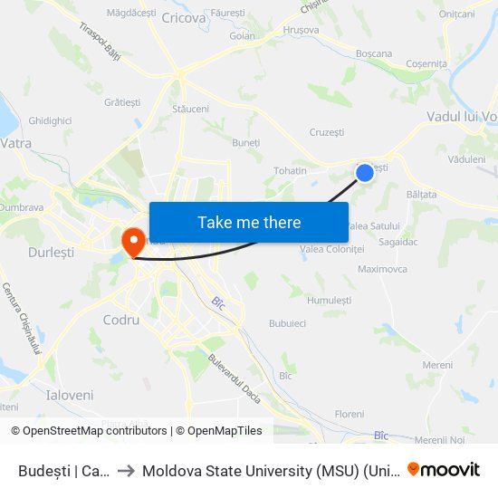 Budești | Cafenea La Foma to Moldova State University (MSU) (Universitatea de Stat din Moldova (USM)) map