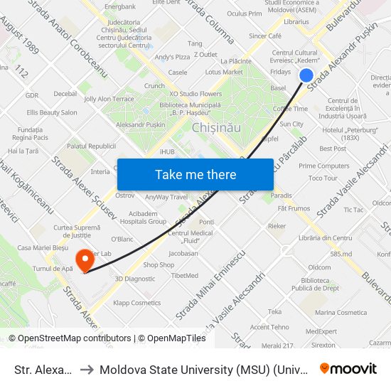 Str. Alexandru Pușkin to Moldova State University (MSU) (Universitatea de Stat din Moldova (USM)) map