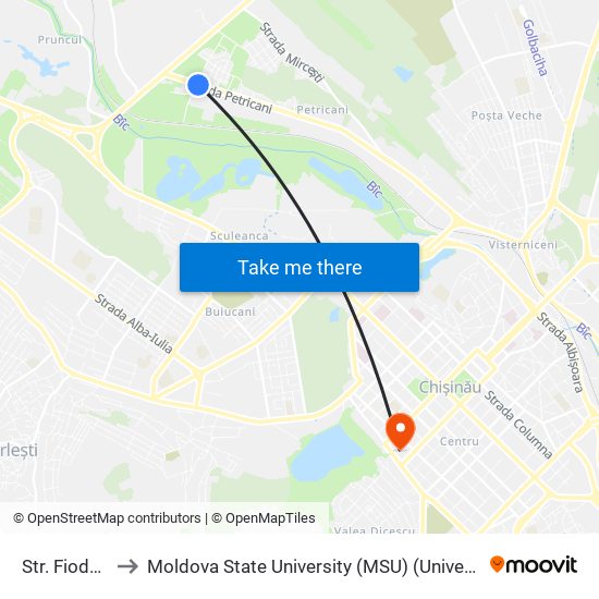 Str. Fiodor Tolbuhin to Moldova State University (MSU) (Universitatea de Stat din Moldova (USM)) map