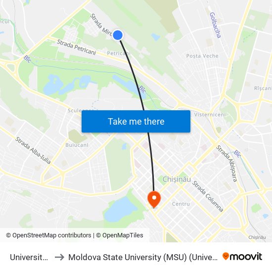 Universitatea Agrară to Moldova State University (MSU) (Universitatea de Stat din Moldova (USM)) map