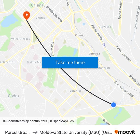 Parcul Urban De Autobuze to Moldova State University (MSU) (Universitatea de Stat din Moldova (USM)) map