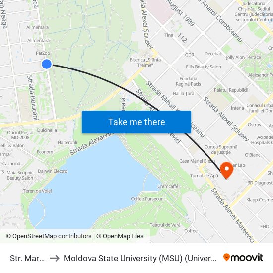 Str. Maria Tănase to Moldova State University (MSU) (Universitatea de Stat din Moldova (USM)) map