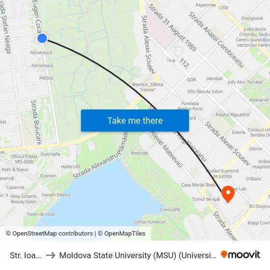 Str. Ioana Radu to Moldova State University (MSU) (Universitatea de Stat din Moldova (USM)) map