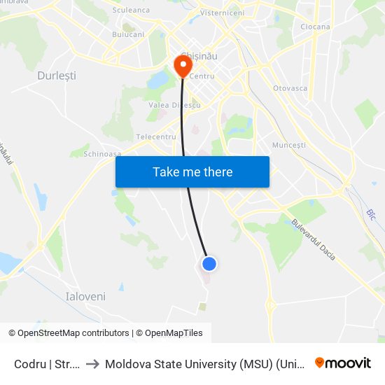 Codru | Str. Valea Apelor to Moldova State University (MSU) (Universitatea de Stat din Moldova (USM)) map