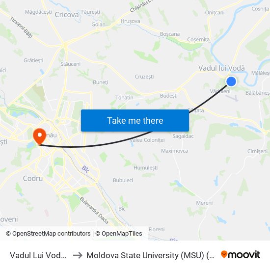 Vadul Lui Vodă | Stațiunea Bucuria to Moldova State University (MSU) (Universitatea de Stat din Moldova (USM)) map