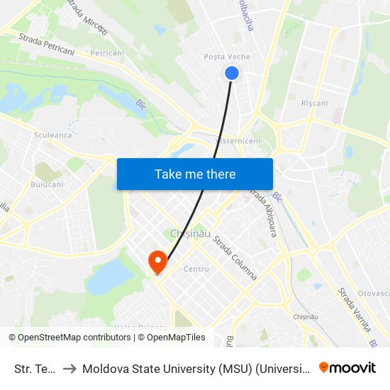 Str. Teodoroiu to Moldova State University (MSU) (Universitatea de Stat din Moldova (USM)) map