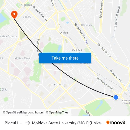 Blocul Locativ Auto to Moldova State University (MSU) (Universitatea de Stat din Moldova (USM)) map