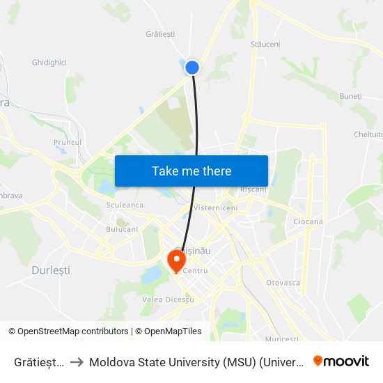 Grătiești | Institut to Moldova State University (MSU) (Universitatea de Stat din Moldova (USM)) map