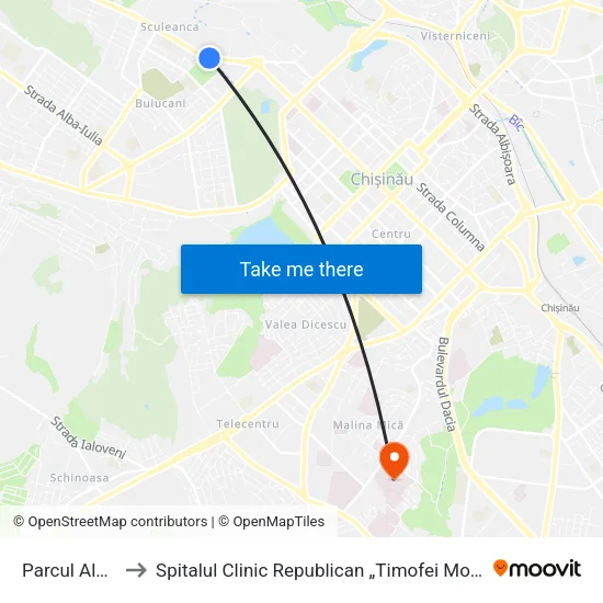 Parcul Alunelul to Spitalul Clinic Republican „Timofei Moșneaga” (Scr) map