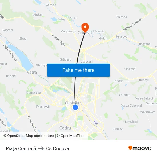 Piața Centrală to Cs Cricova map