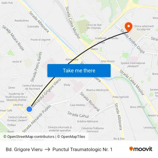Bd. Grigore Vieru to Punctul Traumatologic Nr. 1 map