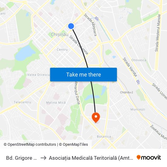 Bd. Grigore Vieru to Asociația Medicală Teritorială (Amt) Botanica map