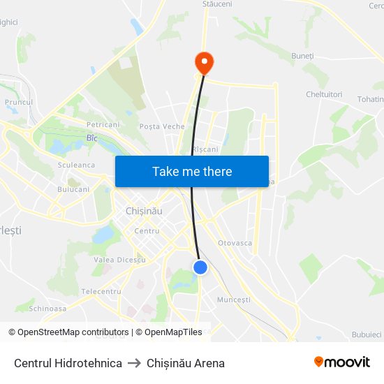 Centrul Hidrotehnica to Chișinău Arena map