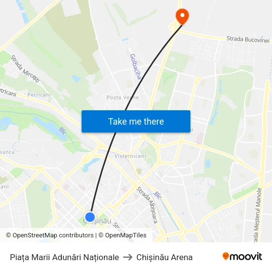 Piața Marii Adunări Naționale to Chișinău Arena map