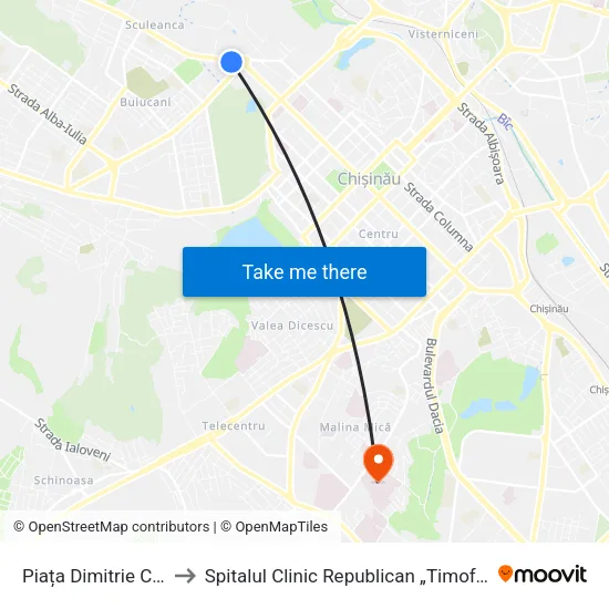 Piața Dimitrie Cantemir to Spitalul Clinic Republican „Timofei Moșneaga” map