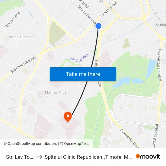 Str. Lev Tolstoi to Spitalul Clinic Republican „Timofei Moșneaga” map