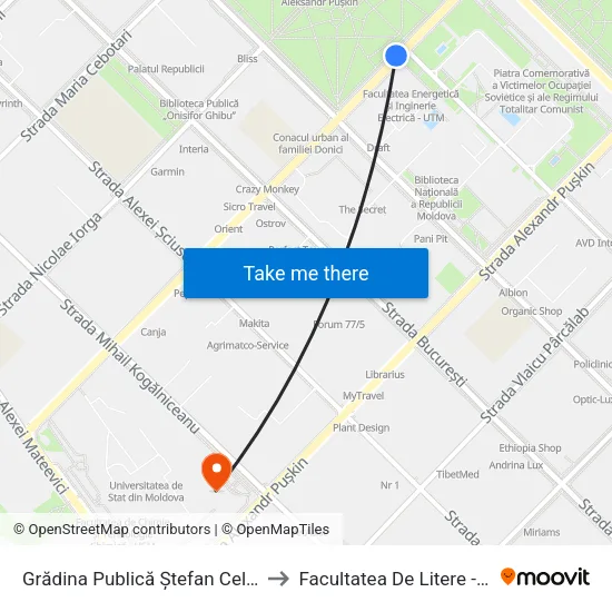Grădina Publică Ștefan Cel Mare to Facultatea De Litere - Usm map