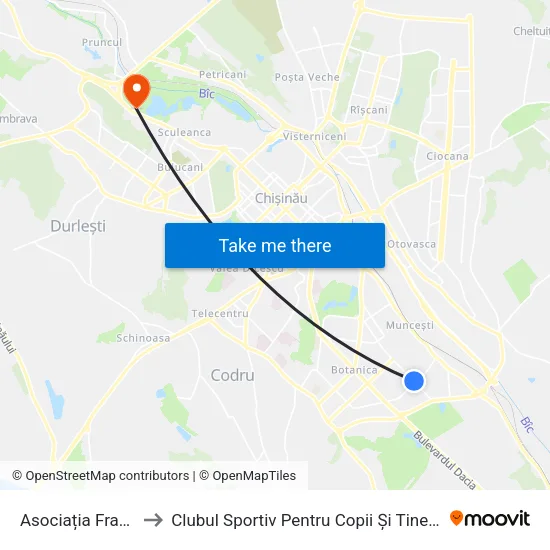 Asociația Franzeluța to Clubul Sportiv Pentru Copii Și Tineret „Buiucani” map