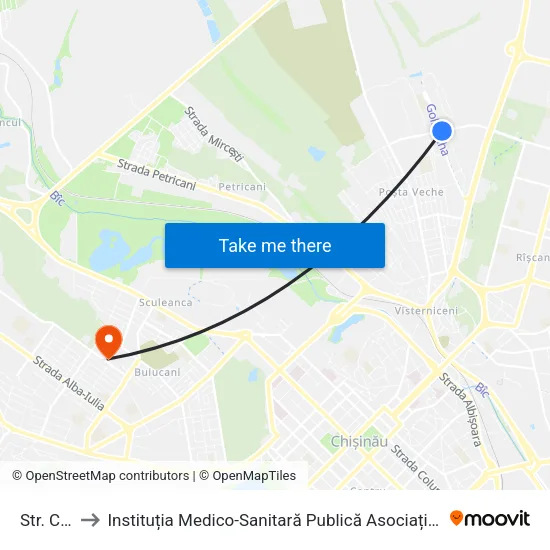 Str. Ceucari to Instituția Medico-Sanitară Publică Asociația Medicală Teritorială Buiucani map