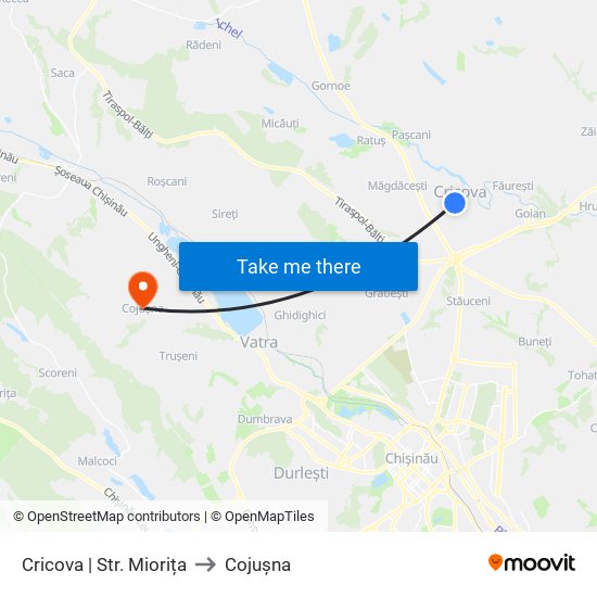 Cricova | Str. Miorița to Cojușna map