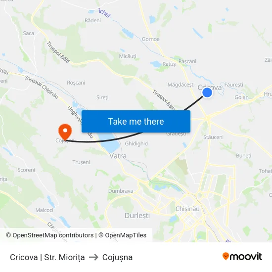 Cricova | Str. Miorița to Cojușna map
