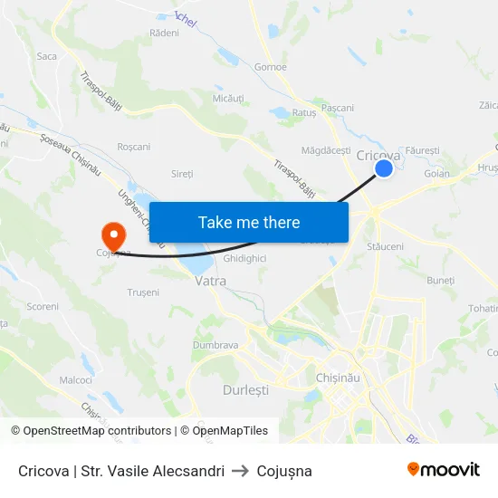 Cricova | Str. Vasile Alecsandri to Cojușna map