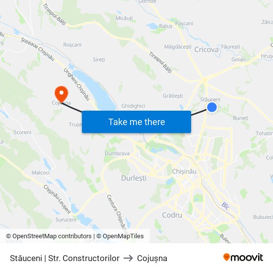 Stăuceni | Str. Constructorilor to Cojușna map