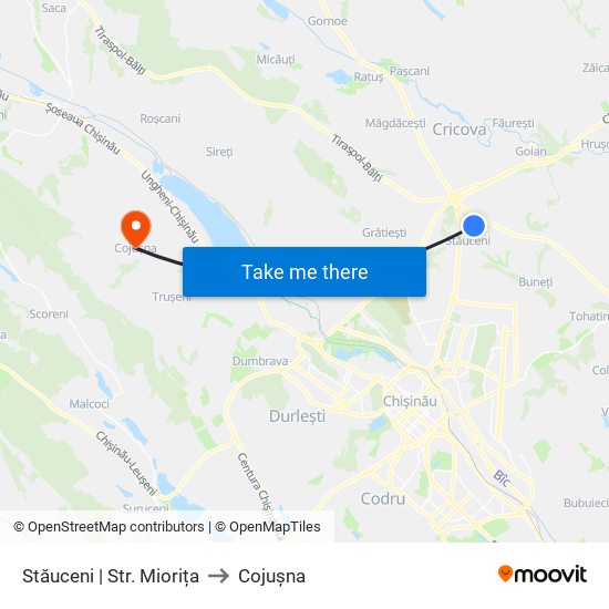 Stăuceni | Str. Miorița to Cojușna map