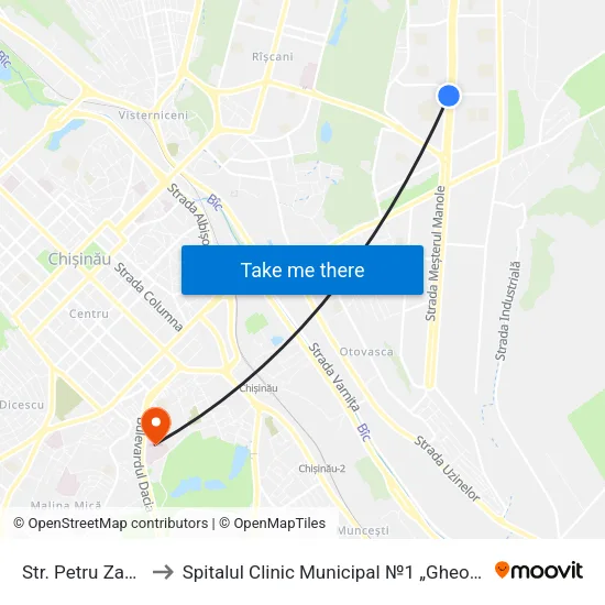 Str. Petru Zadnipru to Spitalul Clinic Municipal №1 „Gheorghe Paladi” map