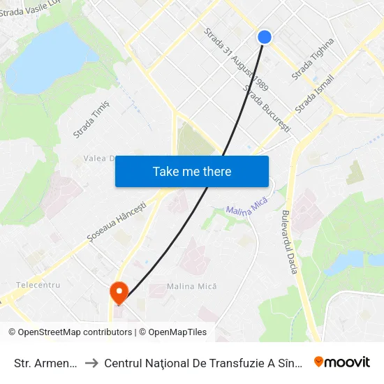 Str. Armenească to Centrul Naţional De Transfuzie A Sîngelui (Blocul B) map