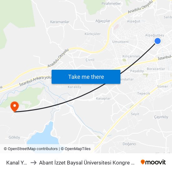 Kanal Yolu to Abant İzzet Baysal Üniversitesi Kongre Merkezi map